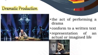 •the act of performing a
drama
•conform to a written text
•representation of an
actual or imagined life
 