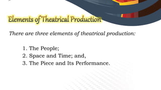 There are three elements of theatrical production:
1. The People;
2. Space and Time; and,
3. The Piece and Its Performance.
 
