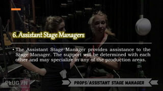 • The Assistant Stage Manager provides assistance to the
Stage Manager. The support will be determined with each
other and may specialize in any of the production areas.
 