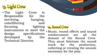 • The Light Crew is
Responsible for the
servicing, hanging,
colorfiltering and
focusing lighting
instruments to meet the
design specifications
developed by the
Technical Director.
• Music, sound effects and sound
reinforcement are all the
domain of the Sound Crew.
They must fabricate the sound
track for the production,
collecting or creating the sounds
necessary for the play.
 
