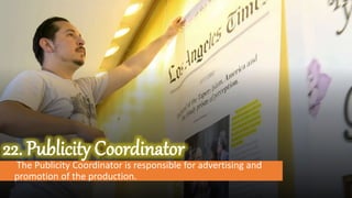 The Publicity Coordinator is responsible for advertising and
promotion of the production.
 