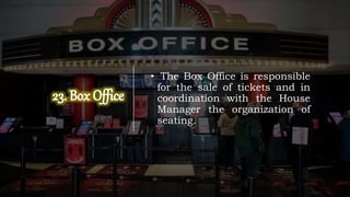 • The Box Office is responsible
for the sale of tickets and in
coordination with the House
Manager the organization of
seating.
 
