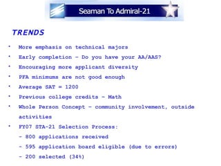 TRENDS More emphasis on technical majors Early completion – Do you have your AA/AAS? Encouraging more applicant diversity PFA minimums are not good enough Average SAT = 1200 Previous college credits – Math Whole Person Concept – community involvement, outside activities FY07 STA-21 Selection Process: - 800 applications received - 595 application board eligible (due to errors) - 200 selected (34%) 