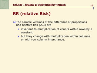 15
STA 517 – Chapter 2: CONTINGENCY TABLES
RR (relative Risk)
 The sample versions of the difference of proportions
and relative risk (2.3) are
 invariant to multiplication of counts within rows by a
constant,
 but they change with multiplication within columns
or with row column interchange.
 