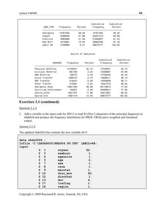 Lecture 3-NHDS                                                                                        66


                                                         Cumulative    Cumulative
                    ADM_TYPE    Frequency     Percent     Frequency      Percent
                   ƒƒƒƒƒƒƒƒƒƒƒƒƒƒƒƒƒƒƒƒƒƒƒƒƒƒƒƒƒƒƒƒƒƒƒƒƒƒƒƒƒƒƒƒƒƒƒƒƒƒƒƒƒƒƒƒƒƒƒƒƒƒ
                   Emergency    14781383       38.02      14781383        38.02
                   Urgent        8499636       21.86      23281019        59.89
                   Elective      8382888       21.56      31663907        81.45
                   New Born      4019881       10.34      35683788        91.79
                   admit NA      3189989        8.21      38873777       100.00



                                            Source of admission

                                                               Cumulative    Cumulative
                           ASOURCE    Frequency     Percent     Frequency      Percent
             ƒƒƒƒƒƒƒƒƒƒƒƒƒƒƒƒƒƒƒƒƒƒƒƒƒƒƒƒƒƒƒƒƒƒƒƒƒƒƒƒƒƒƒƒƒƒƒƒƒƒƒƒƒƒƒƒƒƒƒƒƒƒƒƒƒƒƒƒƒƒƒƒƒƒ
             Physican Referral        12728421       32.74      12728421        32.74
             Clinical Referral          861246        2.22      13589667        34.96
             HMO Referral               169737        0.44      13759404        35.40
             Acute Transfer            1069107        2.75      14828511        38.15
             SNF Transfer               218427        0.56      15046938        38.71
             Other Tranfer              210381        0.54      15257319        39.25
             Emergency Room           14921494       38.38      30178813        77.63
             Court/Law Enforcement      102001        0.26      30280814        77.90
             Source_other              4531547       11.66      34812361        89.55
             Sourse N/A                4061416       10.45      38873777       100.00


Exercises 3.1 (continued)
Question 3.1-2
2. Add a variable in the input code for DX13 to read $3 (first 3 characters of the principal diagnosis) in
   nhds02d and produce the frequency distribution for PROC FREQ and a weighted and formatted
   output.
Answer 3.1-2
The updated nhds02d that contains the new variable dx13

data nhds2006 ;
Infile 'C:DATA9000NHDS06.PU.TXT' LRECL=88;
input
           @ 1        svyear          $2.
           @ 3        newborn          1.
           @ 4        ageunits         1.
           @ 5        age              2.
           @ 7        sex              1.
           @ 8        race             1.
           @ 9        marstat          1.
           @ 10       disc_mon         $2.
           @ 12       discstat         1.
           @ 13       doc              4.
           @ 17       losflag          1.
           @ 18       region           1.

Copyright © 2009 Raymond R. Arons, Teaneck, NJ, USA
 