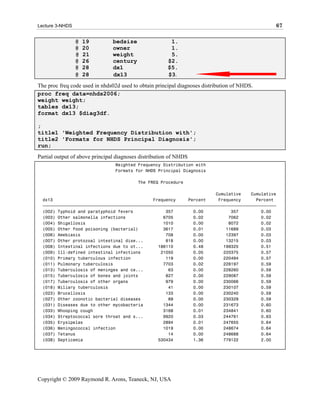 Lecture 3-NHDS                                                                                67

                 @   19         bedsize                 1.
                 @   20         owner                   1.
                 @   21         weight                  5.
                 @   26         century                $2.
                 @   28         dx1                    $5.
                 @   28         dx13                   $3.
The proc freq code used in nhds02d used to obtain principal diagnoses distribution of NHDS.
proc freq data=nhds2006;
weight weight;
tables dx13;
format dx13 $diag3df.

;
title1 'Weighted Frequency Distribution with';
title2 'Formats for NHDS Principal Diagnosis';
run;
Partial output of above principal diagnoses distribution of NHDS
                                 Weighted Frequency Distribution with
                                 Formats for NHDS Principal Diagnosis

                                          The FREQ Procedure

                                                                       Cumulative    Cumulative
  dx13                                        Frequency     Percent     Frequency      Percent
  ƒƒƒƒƒƒƒƒƒƒƒƒƒƒƒƒƒƒƒƒƒƒƒƒƒƒƒƒƒƒƒƒƒƒƒƒƒƒƒƒƒƒƒƒƒƒƒƒƒƒƒƒƒƒƒƒƒƒƒƒƒƒƒƒƒƒƒƒƒƒƒƒƒƒƒƒƒƒƒƒƒƒƒƒƒƒƒƒƒƒƒƒƒ
  (002) Typhoid and paratyphoid fevers             357        0.00           357         0.00
  (003) Other salmonella infections               6705        0.02          7062         0.02
  (004) Shigellosis                               1010        0.00          8072         0.02
  (005) Other food poisoning (bacterial)          3617        0.01         11689         0.03
  (006) Amebiasis                                  708        0.00         12397         0.03
  (007) Other protozoal intestinal dise...         818        0.00         13215         0.03
  (008) Intestinal infections due to ot...      186110        0.48        199325         0.51
  (009) Ill-defined intestinal infections        21050        0.05        220375         0.57
  (010) Primary tuberculous infection              119        0.00        220494         0.57
  (011) Pulmonary tuberculosis                    7703        0.02        228197         0.59
  (013) Tuberculosis of meninges and ce...          63        0.00        228260         0.59
  (015) Tuberculosis of bones and joints           827        0.00        229087         0.59
  (017) Tuberculosis of other organs               979        0.00        230066         0.59
  (018) Miliary tuberculosis                        41        0.00        230107         0.59
  (023) Brucellosis                                133        0.00        230240         0.59
  (027) Other zoonotic bacterial diseases           89        0.00        230329         0.59
  (031) Diseases due to other mycobacteria        1344        0.00        231673         0.60
  (033) Whooping cough                            3168        0.01        234841         0.60
  (034) Streptococcal sore throat and s...        9920        0.03        244761         0.63
  (035) Erysipelas                                2894        0.01        247655         0.64
  (036) Meningococcal infection                   1019        0.00        248674         0.64
  (037) Tetanus                                     14        0.00        248688         0.64
  (038) Septicemia                              530434        1.36        779122         2.00




Copyright © 2009 Raymond R. Arons, Teaneck, NJ, USA
 
