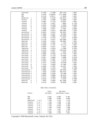 Lecture 3-NHDS                                                                              89

             Intercept          1        -3.1460      0.1066       870.7149        <.0001
             AGE                1        -0.0195    0.000419      2171.0882        <.0001
             DOC                1        -0.0145     0.00171        71.8449        <.0001
             gendercat     1    1         0.3809      0.0169       504.9573        <.0001
             racecat       2    1         0.1034      0.0238        18.9090        <.0001
             racecat       3    1         0.6091      0.1154        27.8421        <.0001
             racecat       4    1         0.1332      0.0977         1.8604        0.1726
             racecat       5    1         0.0454      0.2468         0.0339        0.8539
             racecat       6    1         0.3374      0.0378        79.5576        <.0001
             racecat       7    1         1.2308      0.3271        14.1601        0.0002
             racecat       8    1         0.4595      0.0214       460.0285        <.0001
             marstatcat    1    1        -0.6913      0.0510       183.4291        <.0001
             marstatcat    2    1        -0.3266      0.0501        42.4854        <.0001
             marstatcat    3    1        -1.2620      0.0865       212.6395        <.0001
             marstatcat    5    1         0.1756      0.1012         3.0151        0.0825
             marstatcat    6    1        -0.7135      0.0477       223.3982        <.0001
             admitcat      1    1         0.4003      0.0341       138.0887        <.0001
             admitcat      2    1         0.0346      0.0324         1.1434        0.2849
             admitcat      4    1        -0.5028      0.1181        18.1113        <.0001
             admitcat      5    1         0.0567      0.0471         1.4501        0.2285
             regioncat     1    1         0.0249      0.0279         0.7956        0.3724
             regioncat     3    1         0.4124      0.0247       279.8162        <.0001
             regioncat     4    1         0.0850      0.0321         7.0097        0.0081
             sourcecat     1    1        -0.3904      0.0700        31.1472        <.0001
             sourcecat     3    1         0.4527      0.1120        16.3323        <.0001
             sourcecat     4    1        -0.0541      0.0856         0.3995        0.5273
             sourcecat     5    1        -0.4951      0.3007         2.7109        0.0997
             sourcecat     6    1        -0.0318      0.1394         0.0519        0.8197
             sourcecat     7    1         0.3107      0.0702        19.5796        <.0001
             sourcecat     8    1        -1.3142      0.3000        19.1864        <.0001
             sourcecat     9    1        -0.6493      0.1297        25.0451        <.0001
             sourcecat     10   1         0.0950      0.0723         1.7267        0.1888
             discstatcat   1    1         0.5885      0.0519       128.3456        <.0001
             discstatcat   2    1         1.5070      0.0709       452.0134        <.0001
             discstatcat   3    1         0.3682      0.0765        23.1889        <.0001
             discstatcat   4    1        -0.8618      0.0868        98.4910        <.0001
             discstatcat   6    1         0.4747      0.0855        30.8496        <.0001
             discstatcat   7    1        -0.0345      0.1272         0.0735        0.7863
             ownercat      2    1         1.0423      0.0364       821.5382        <.0001
             ownercat      3    1         0.2144      0.0313        46.9432        <.0001



                                         Odds Ratio Estimates

                                                 Point             95% Wald
                    Effect                    Estimate         Confidence Limits

                    AGE                            0.981        0.980      0.981
                    DOC                            0.986        0.982      0.989
                    gendercat   1   vs   2         1.464        1.416      1.513
                    racecat     2   vs   1         1.109        1.058      1.162
                    racecat     3   vs   1         1.839        1.466      2.306
                    racecat     4   vs   1         1.143        0.943      1.384
                    racecat     5   vs   1         1.046        0.645      1.698
                    racecat     6   vs   1         1.401        1.301      1.509
                    racecat     7   vs   1         3.424        1.804      6.501
                    racecat     8   vs   1         1.583        1.518      1.651

Copyright © 2009 Raymond R. Arons, Teaneck, NJ, USA
 