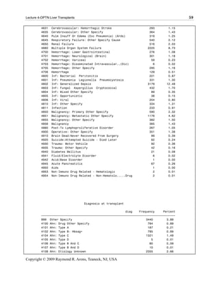Lecture 4-OPTN Liver Transplants                                                           59

          4631   Cerebrovascular: Hemorrhagic Stroke                    293        1.15
          4635   Cerebrovascular: Other Specify                         364        1.43
          4640   Pulm Insuff Or Edema (Exc Pneumonia) (Ards)            319        1.25
          4645   Respiratory Failure: Other Specify Cause               540        2.12
          4650   Renal Failure                                          516        2.03
          4660   Multiple Organ System Failure                         2225        8.73
          4700   Hemorrhage: Lower Gastrointestinal                     276        1.08
          4701   Hemorrhage: Neurological (Brain)                       301        1.18
          4702   Hemorrhage: Variceal                                    59        0.23
          4703   Hemorrhage: Disseminated Intravascular..(Dic)            6        0.02
          4705   Hemorrhage: Other Specify                              295        1.16
          4706   Hemorrhage                                             129        0.51
          4800   Inf: Bacterial Peritonitis                             221        0.87
          4801   Inf: Pneumonia Legionella Pneumocystosis               331        1.30
          4802   Inf: Generalized Sepsis                               3179       12.48
          4803   Inf: Fungal Aspergillus Cryptococcal                   432        1.70
          4804   Inf: Mixed Other Specify                                89        0.35
          4805   Inf: Opportunistic                                      38        0.15
          4806   Inf: Viral                                             204        0.80
          4810   Inf: Other Specify                                     334        1.31
          4811   Infection                                              233        0.91
          4850   Malignancy: Primary Other Specify                      590        2.32
          4851   Malignancy: Metastatic Other Specify                  1176        4.62
          4855   Malignancy: Other Specify                              382        1.50
          4856   Malignancy                                             365        1.43
          4860   Post-Tx Lymphoproliferative Disorder                   267        1.05
          4900   Operative: Other Specify                               351        1.38
          4910   Brain Dead:Never Recovered From Surgery                 99        0.39
          4920   Suicide:Attempted Suicide - Died Later                  62        0.24
          4930   Trauma: Motor Vehicle                                   92        0.36
          4935   Trauma: Other Specify                                   42        0.16
          4940   Diabetes Mellitus                                       21        0.08
          4941   Fluid/Electrolyte Disorder                               6        0.02
          4942   Acid/Base Disorder                                       1        0.00
          4945   Acute Pancreatitis                                      67        0.26
          4950   Aids                                                     1        0.00
          4953   Non-Immuno Drug Related - Hematologic                    2        0.01
          4954   Non-Immuno Drug Related - Non-Hematolo.....Drug          2        0.01




                                   Diagnosis at transplant

                                                           diag    Frequency     Percent
          ƒƒƒƒƒƒƒƒƒƒƒƒƒƒƒƒƒƒƒƒƒƒƒƒƒƒƒƒƒƒƒƒƒƒƒƒƒƒƒƒƒƒƒƒƒƒƒƒƒƒƒƒƒƒƒƒƒƒƒƒƒƒƒƒƒƒƒƒƒƒƒƒƒƒƒƒƒƒ
          999 Other Specify                                            3440        3.89
          4100 Ahn: Drug Other Specify                                  784        0.89
          4101 Ahn: Type A                                              187        0.21
          4102 Ahn: Type B- Hbsag+                                      785        0.89
          4104 Ahn: Type C                                             1321        1.49
          4105 Ahn: Type D                                                5        0.01
          4106 Ahn: Type B And C                                         80        0.09
          4107 Ahn: Type B And D                                         10        0.01
          4108 Ahn: Etiology Unknown                                   2355        2.66

Copyright © 2009 Raymond R. Arons, Teaneck, NJ, USA
 