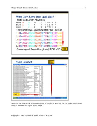 Chapter 2-Health Data and SAS Functions                                                            5




       What Does Some Data Look Like?
        Flat Fixed Length ASCII File
       OSRA    D        D        D        D   D P A P      P
       BEAG    X        X        X        R   I A D R      R
       SXCE    1        2        3        G   S Y M 1      2
       1234567890123456789012345678901234567
       1112447234234338888812703020321303456
       2112447234234338888812703020321303456
       3223455558312121222222201020145674567
       4131122221212123334543003080477745123
       5143374551434341212301405090473847778
         ------Logical Record Length----(LRECL=37 OBS




      ASCII Data Set                               OBS




   LRECL




Most data sets such as NHDS06 can be opened in Notepad or Word and you can see the observations,
string of numbers, and logical record length.




Copyright © 2009 Raymond R. Arons, Teaneck, NJ, USA
 