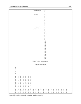 Lecture 4-OPTN Liver Transplants                                                                   110

                                       dongendercat        1
                                                           2

                                       racecat             1
                                                           2
                                                           3
                                                           4
                                                           5
                                                           6
                                                           7
                                                           8

                                       txyearcat           1
                                                           2
                                                           3
                                                           4
                                                           5
                                                           6
                                                           7
                                                           8
                                                           9
                                                           10
                                                           11
                                                           12
                                                           13
                                                           14
                                                           15
                                                           16
                                                           17
                                                           18
                                                           19
                                                           20
                                                           21
                                                           22

                                       Class Level Information

                                           Design Variables

         0
         1

         0
         1

         0   0    0   0    0   0   0
         1   0    0   0    0   0   0
         0   1    0   0    0   0   0
         0   0    1   0    0   0   0
         0   0    0   1    0   0   0
         0   0    0   0    1   0   0
         0   0    0   0    0   1   0
         0   0    0   0    0   0   1

         1   0    0   0    0   0   0   0   0   0   0   0       0   0   0   0   0   0   0   0   0
         0   1    0   0    0   0   0   0   0   0   0   0       0   0   0   0   0   0   0   0   0
         0   0    1   0    0   0   0   0   0   0   0   0       0   0   0   0   0   0   0   0   0

Copyright © 2009 Raymond R. Arons, Teaneck, NJ, USA
 