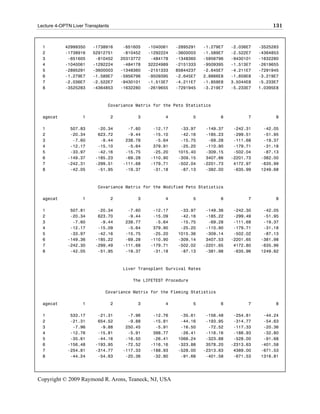 Lecture 4-OPTN Liver Transplants                                                                    131


  1         42999350    -1738916        -651605   -1040061   -2895291    -1.279E7   -2.036E7   -3525283
  2         -1738916    52912751        -810452   -1292224   -3600003    -1.589E7   -2.522E7   -4364853
  3          -651605     -810452       20313772    -484178   -1348360    -5956796   -9430101   -1632280
  4         -1040061    -1292224        -484178   32224989   -2151333    -9509395   -1.513E7   -2619655
  5         -2895291    -3600003       -1348360   -2151333   85844237    -2.645E7   -4.211E7   -7291945
  6         -1.279E7    -1.589E7       -5956796   -9509395   -2.645E7    2.8866E8   -1.859E8   -3.219E7
  7         -2.036E7    -2.522E7       -9430101   -1.513E7   -4.211E7    -1.859E8   3.5044E8   -5.233E7
  8         -3525283    -4364853       -1632280   -2619655   -7291945    -3.219E7   -5.233E7   1.0395E8



                               Covariance Matrix for the Peto Statistics

  agecat            1              2         3          4           5          6          7          8

  1           507.83      -20.34         -7.60     -12.17     -33.97      -149.37    -242.31    -42.05
  2           -20.34      623.72         -9.44     -15.10     -42.16      -185.23    -299.51    -51.95
  3            -7.60       -9.44        238.78      -5.64     -15.75       -69.28    -111.68    -19.37
  4           -12.17      -15.10         -5.64     379.91     -25.20      -110.90    -179.71    -31.18
  5           -33.97      -42.16        -15.75     -25.20    1015.40      -309.15    -502.04    -87.13
  6          -149.37     -185.23        -69.28    -110.90    -309.15      3407.66   -2201.73   -382.00
  7          -242.31     -299.51       -111.68    -179.71    -502.04     -2201.73    4172.97   -635.99
  8           -42.05      -51.95        -19.37     -31.18     -87.13      -382.00    -635.99   1249.68



                           Covariance Matrix for the Modified Peto Statistics

  agecat            1              2         3          4           5          6          7          8

  1           507.81      -20.34         -7.60     -12.17     -33.97      -149.36    -242.30    -42.05
  2           -20.34      623.70         -9.44     -15.09     -42.16      -185.22    -299.49    -51.95
  3            -7.60       -9.44        238.77      -5.64     -15.75       -69.28    -111.68    -19.37
  4           -12.17      -15.09         -5.64     379.90     -25.20      -110.90    -179.71    -31.18
  5           -33.97      -42.16        -15.75     -25.20    1015.36      -309.14    -502.02    -87.13
  6          -149.36     -185.22        -69.28    -110.90    -309.14      3407.53   -2201.65   -381.98
  7          -242.30     -299.49       -111.68    -179.71    -502.02     -2201.65    4172.80   -635.96
  8           -42.05      -51.95        -19.37     -31.18     -87.13      -381.98    -635.96   1249.62



                                       Liver Transplant Survival Rates

                                           The LIFETEST Procedure

                              Covariance Matrix for the Fleming Statistics

  agecat            1              2         3          4           5          6          7          8

  1           533.17      -21.31         -7.96     -12.76     -35.61      -156.48    -254.81    -44.24
  2           -21.31      654.52         -9.88     -15.81     -44.16      -193.95    -314.77    -54.63
  3            -7.96       -9.88        250.45      -5.91     -16.50       -72.52    -117.33    -20.36
  4           -12.76      -15.81         -5.91     398.77     -26.41      -116.16    -188.93    -32.80
  5           -35.61      -44.16        -16.50     -26.41    1066.24      -323.88    -528.00    -91.68
  6          -156.48     -193.95        -72.52    -116.16    -323.88      3578.20   -2313.63   -401.58
  7          -254.81     -314.77       -117.33    -188.93    -528.00     -2313.63    4389.00   -671.53
  8           -44.24      -54.63        -20.36     -32.80     -91.68      -401.58    -671.53   1316.81




Copyright © 2009 Raymond R. Arons, Teaneck, NJ, USA
 