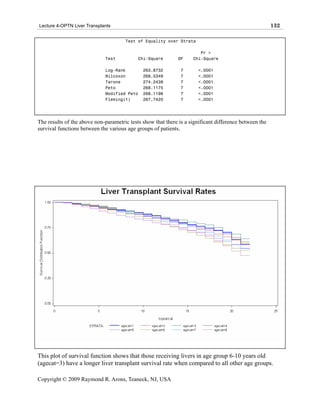 Lecture 4-OPTN Liver Transplants                                                                        132

                                      Test of Equality over Strata

                                                                       Pr >
                             Test           Chi-Square        DF    Chi-Square

                             Log-Rank         263.8732         7      <.0001
                             Wilcoxon         268.5349         7      <.0001
                             Tarone           274.2439         7      <.0001
                             Peto             268.1175         7      <.0001
                             Modified Peto    268.1196         7      <.0001
                             Fleming(1)       267.7420         7      <.0001




The results of the above non-parametric tests show that there is a significant difference between the
survival functions between the various age groups of patients.




This plot of survival function shows that those receiving livers in age group 6-10 years old
(agecat=3) have a longer liver transplant survival rate when compared to all other age groups.

Copyright © 2009 Raymond R. Arons, Teaneck, NJ, USA
 