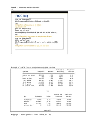 Chapter 2 - Health Data and SAS Functions
12



      PROC Freq
     proc freq data=nhds06;
     title ‘Frequency Distribution of All data in nhds06’;
     run;
     Will perform a frequency on all data in
     input statement.
     proc freq data=nhds06;
     tables age sex race;
     title ‘Frequency Distribution of age sex and race in nhds06’;
     run;
     Will do frequency distribution on only age,sex & race.
     proc freq data=nhds06;
     tables age*sex*race;
     title ‘Frequency Distribution of age by sex by race in nhds06’;
     run;
     Will perform combined table of age,sex and race




Example of a PROC Freq for a range of demographic variables.
                                                             Cumulative    Cumulative
                agecat5             Frequency     Percent     Frequency      Percent
                ƒƒƒƒƒƒƒƒƒƒƒƒƒƒƒƒƒƒƒƒƒƒƒƒƒƒƒƒƒƒƒƒƒƒƒƒƒƒƒƒƒƒƒƒƒƒƒƒƒƒƒƒƒƒƒƒƒƒƒƒƒƒƒƒƒƒƒƒƒ
                masked age group      207909        4.76        207909         4.76
                0                        198        0.00        208107         4.77
                Under 1 year          161311        3.70        369418         8.46
                1-17 years            908157       20.81       1277575        29.27
                18-34 years          1111672       25.47       2389247        54.74
                35-64 years          1465023       33.57       3854270        88.31
                65 years & over       510278       11.69       4364548       100.00



                                                   Sex

                                                           Cumulative    Cumulative
                   sex            Frequency     Percent     Frequency      Percent
                   ƒƒƒƒƒƒƒƒƒƒƒƒƒƒƒƒƒƒƒƒƒƒƒƒƒƒƒƒƒƒƒƒƒƒƒƒƒƒƒƒƒƒƒƒƒƒƒƒƒƒƒƒƒƒƒƒƒƒƒƒƒƒƒƒ
                   masked sex       442466       10.14        442466        10.14
                   female          2130477       48.81       2572943        58.95
                   male            1791507       41.05       4364450       100.00
                   unknown sex          98        0.00       4364548       100.00



                                                Ethnicity


Copyright © 2009 Raymond R. Arons, Teaneck, NJ, USA
 