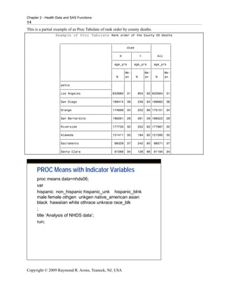 Chapter 2 - Health Data and SAS Functions
14
This is a partial example of as Proc Tabulate of rank order by county deaths.
                  Example of Proc Tabulate          Rank order of the County ED Deaths

                    „ƒƒƒƒƒƒƒƒƒƒƒƒƒƒƒƒƒƒƒƒƒƒƒƒƒƒƒƒ…ƒƒƒƒƒƒƒƒƒƒƒƒƒƒƒƒƒƒƒƒƒ…ƒƒƒƒƒƒƒƒƒƒ†
                    ‚                            ‚        died         ‚          ‚
                    ‚                            ‡ƒƒƒƒƒƒƒƒƒƒ…ƒƒƒƒƒƒƒƒƒƒ‰          ‚
                    ‚                            ‚    0     ‚    1     ‚   All    ‚
                    ‚                            ‡ƒƒƒƒƒƒƒƒƒƒˆƒƒƒƒƒƒƒƒƒƒˆƒƒƒƒƒƒƒƒƒƒ‰
                    ‚                            ‚ age_yrs ‚ age_yrs ‚ age_yrs ‚
                    ‚                            ‡ƒƒƒƒƒƒ…ƒƒƒˆƒƒƒƒƒƒ…ƒƒƒˆƒƒƒƒƒƒ…ƒƒƒ‰
                    ‚                            ‚      ‚Me-‚      ‚Me-‚      ‚Me-‚
                    ‚                            ‚ N    ‚an ‚ N    ‚an ‚ N    ‚an ‚
                    ‡ƒƒƒƒƒƒƒƒƒƒƒƒƒƒƒƒƒƒƒƒƒƒƒƒƒƒƒƒˆƒƒƒƒƒƒˆƒƒƒˆƒƒƒƒƒƒˆƒƒƒˆƒƒƒƒƒƒˆƒƒƒ‰
                    ‚patco                       ‚      ‚   ‚      ‚   ‚      ‚   ‚
                    ‡ƒƒƒƒƒƒƒƒƒƒƒƒƒƒƒƒƒƒƒƒƒƒƒƒƒƒƒƒ‰      ‚   ‚      ‚   ‚      ‚   ‚
                    ‚Los Angeles                 ‚632660‚ 31‚   904‚ 62‚633564‚ 31‚
                    ‡ƒƒƒƒƒƒƒƒƒƒƒƒƒƒƒƒƒƒƒƒƒƒƒƒƒƒƒƒˆƒƒƒƒƒƒˆƒƒƒˆƒƒƒƒƒƒˆƒƒƒˆƒƒƒƒƒƒˆƒƒƒ‰
                    ‚San Diego                   ‚199414‚ 36‚   246‚ 64‚199660‚ 36‚
                    ‡ƒƒƒƒƒƒƒƒƒƒƒƒƒƒƒƒƒƒƒƒƒƒƒƒƒƒƒƒˆƒƒƒƒƒƒˆƒƒƒˆƒƒƒƒƒƒˆƒƒƒˆƒƒƒƒƒƒˆƒƒƒ‰
                    ‚Orange                      ‚174899‚ 34‚   252‚ 66‚175151‚ 34‚
                    ‡ƒƒƒƒƒƒƒƒƒƒƒƒƒƒƒƒƒƒƒƒƒƒƒƒƒƒƒƒˆƒƒƒƒƒƒˆƒƒƒˆƒƒƒƒƒƒˆƒƒƒˆƒƒƒƒƒƒˆƒƒƒ‰
                    ‚San Bernardino              ‚186261‚ 29‚   261‚ 59‚186522‚ 29‚
                    ‡ƒƒƒƒƒƒƒƒƒƒƒƒƒƒƒƒƒƒƒƒƒƒƒƒƒƒƒƒˆƒƒƒƒƒƒˆƒƒƒˆƒƒƒƒƒƒˆƒƒƒˆƒƒƒƒƒƒˆƒƒƒ‰
                    ‚Riverside                   ‚177735‚ 32‚   252‚ 62‚177987‚ 32‚
                    ‡ƒƒƒƒƒƒƒƒƒƒƒƒƒƒƒƒƒƒƒƒƒƒƒƒƒƒƒƒˆƒƒƒƒƒƒˆƒƒƒˆƒƒƒƒƒƒˆƒƒƒˆƒƒƒƒƒƒˆƒƒƒ‰
                    ‚Alameda                     ‚121411‚ 35‚   184‚ 62‚121595‚ 35‚
                    ‡ƒƒƒƒƒƒƒƒƒƒƒƒƒƒƒƒƒƒƒƒƒƒƒƒƒƒƒƒˆƒƒƒƒƒƒˆƒƒƒˆƒƒƒƒƒƒˆƒƒƒˆƒƒƒƒƒƒˆƒƒƒ‰
                    ‚Sacramento                  ‚ 98329‚ 37‚   242‚ 60‚ 98571‚ 37‚
                    ‡ƒƒƒƒƒƒƒƒƒƒƒƒƒƒƒƒƒƒƒƒƒƒƒƒƒƒƒƒˆƒƒƒƒƒƒˆƒƒƒˆƒƒƒƒƒƒˆƒƒƒˆƒƒƒƒƒƒˆƒƒƒ‰
                    ‚Santa Clara                 ‚ 91068‚ 34‚   126‚ 66‚ 91194‚ 34‚




      PROC Means with Indicator Variables
      proc means data=nhds06;
      var
      hispanic non_hispanic hispanic_unk hispanic_blnk
      male female othgen unkgen native_american asian
      black hawaiian white othrace unkrace race_blk
      ;
      title ‘Analysis of NHDS data’;
      run;




Copyright © 2009 Raymond R. Arons, Teaneck, NJ, USA
 