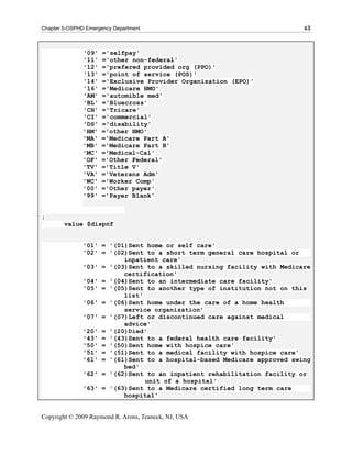 Chapter 5-OSPHD Emergency Department                                     43



               '09'   ='selfpay'
               '11'   ='other non-federal'
               '12'   ='prefered provided org (PPO)'
               '13'   ='point of service (POS)'
               '14'   ='Exclusive Provider Organization (EPO)'
               '16'   ='Medicare HMO'
               'AM'   ='automible med'
               'BL'   ='Bluecross'
               'CH'   ='Tricare'
               'CI'   ='commercial'
               'DS'   ='disability'
               'HM'   ='other HMO'
               'MA'   ='Medicare Part A'
               'MB'   ='Medicare Part B'
               'MC'   ='Medical-Cal'
               'OF'   ='Other Federal'
               'TV'   ='Title V'
               'VA'   ='Veterans Adm'
               'WC'   ='Worker Comp'
               '00'   ='Other payer'
               '99'   ='Payer Blank'


;
        value $dispnf


               '01' = '(01)Sent home or self care'
               '02' = '(02)Sent to a short term general care hospital or
                          inpatient care'
               '03' = '(03)Sent to a skilled nursing facility with Medicare
                          certification'
               '04' = '(04)Sent to an intermediate care facility'
               '05' = '(05)Sent to another type of institution not on this
                          list'
               '06' = '(06)Sent home under the care of a home health
                          service organization'
               '07' = '(07)Left or discontinued care against medical
                          advice'
               '20' = '(20)Died'
               '43' = '(43)Sent to a federal health care facility'
               '50' = '(50)Sent home with hospice care'
               '51' = '(51)Sent to a medical facility with hospice care'
               '61' = '(61)Sent to a hospital-based Medicare approved swing
                          bed'
               '62' = '(62)Sent to an inpatient rehabilitation facility or
                                unit of a hospital'
               '63' = '(63)Sent to a Medicare certified long term care
                          hospital'


Copyright © 2009 Raymond R. Arons, Teaneck, NJ, USA
 