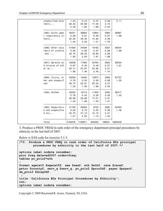 Chapter 5-OSPHD Emergency Department                                                       55

                   unspecified diso ‚   1.23 ‚   0.44 ‚   0.37 ‚   0.08 ‚  2.11
                   rders...         ‚ 58.24 ‚ 20.69 ‚ 17.35 ‚      3.72 ‚
                                    ‚   2.49 ‚   1.60 ‚   1.89 ‚   2.04 ‚
                   ƒƒƒƒƒƒƒƒƒƒƒƒƒƒƒƒƒˆƒƒƒƒƒƒƒƒˆƒƒƒƒƒƒƒƒˆƒƒƒƒƒƒƒƒˆƒƒƒƒƒƒƒƒˆ
                   (465) Acute uppe ‚ 30241 ‚ 39662 ‚ 12804 ‚      2960 ‚ 85667
                   r respiratory in ‚   0.69 ‚   0.91 ‚   0.29 ‚   0.07 ‚  1.96
                   fecti...         ‚ 35.30 ‚ 46.30 ‚ 14.95 ‚      3.46 ‚
                                    ‚   1.40 ‚   3.33 ‚   1.51 ‚   1.76 ‚
                   ƒƒƒƒƒƒƒƒƒƒƒƒƒƒƒƒƒˆƒƒƒƒƒƒƒƒˆƒƒƒƒƒƒƒƒˆƒƒƒƒƒƒƒƒˆƒƒƒƒƒƒƒƒˆ
                   (599) Other diso ‚ 41656 ‚ 24426 ‚ 16165 ‚      3297 ‚ 85544
                   rders of urethra ‚   0.95 ‚   0.56 ‚   0.37 ‚   0.08 ‚  1.96
                    and ...         ‚ 48.70 ‚ 28.55 ‚ 18.90 ‚      3.85 ‚
                                    ‚   1.93 ‚   2.05 ‚   1.91 ‚   1.96 ‚
                   ƒƒƒƒƒƒƒƒƒƒƒƒƒƒƒƒƒˆƒƒƒƒƒƒƒƒˆƒƒƒƒƒƒƒƒˆƒƒƒƒƒƒƒƒˆƒƒƒƒƒƒƒƒˆ
                   (847) Sprains an ‚ 42258 ‚ 17390 ‚ 20764 ‚      2922 ‚ 83334
                   d strains of oth ‚   0.97 ‚   0.40 ‚   0.48 ‚   0.07 ‚  1.91
                   er an...         ‚ 50.71 ‚ 20.87 ‚ 24.92 ‚      3.51 ‚
                                    ‚   1.96 ‚   1.46 ‚   2.45 ‚   1.74 ‚
                   ƒƒƒƒƒƒƒƒƒƒƒƒƒƒƒƒƒˆƒƒƒƒƒƒƒƒˆƒƒƒƒƒƒƒƒˆƒƒƒƒƒƒƒƒˆƒƒƒƒƒƒƒƒˆ
                   (959) Injury, ot ‚ 33009 ‚ 15450 ‚ 15873 ‚      3395 ‚ 67727
                   her and unspecif ‚   0.76 ‚   0.35 ‚   0.36 ‚   0.08 ‚  1.55
                   ied              ‚ 48.74 ‚ 22.81 ‚ 23.44 ‚      5.01 ‚
                                    ‚   1.53 ‚   1.30 ‚   1.88 ‚   2.02 ‚
                   ƒƒƒƒƒƒƒƒƒƒƒƒƒƒƒƒƒˆƒƒƒƒƒƒƒƒˆƒƒƒƒƒƒƒƒˆƒƒƒƒƒƒƒƒˆƒƒƒƒƒƒƒƒˆ
                   (493) Asthma     ‚ 33202 ‚ 19715 ‚ 11300 ‚      2200 ‚ 66417
                                    ‚   0.76 ‚   0.45 ‚   0.26 ‚   0.05 ‚  1.52
                                    ‚ 49.99 ‚ 29.68 ‚ 17.01 ‚      3.31 ‚
                                    ‚   1.54 ‚   1.66 ‚   1.34 ‚   1.31 ‚
                   ƒƒƒƒƒƒƒƒƒƒƒƒƒƒƒƒƒˆƒƒƒƒƒƒƒƒˆƒƒƒƒƒƒƒƒˆƒƒƒƒƒƒƒƒˆƒƒƒƒƒƒƒƒˆ
                   (382) Suppurativ ‚ 21739 ‚ 30355 ‚     9725 ‚   2585 ‚ 64404
                   e and unspecifie ‚   0.50 ‚   0.70 ‚   0.22 ‚   0.06 ‚  1.48
                   d oti...         ‚ 33.75 ‚ 47.13 ‚ 15.10 ‚      4.01 ‚
                                    ‚   1.01 ‚   2.55 ‚   1.15 ‚   1.54 ‚
                   ƒƒƒƒƒƒƒƒƒƒƒƒƒƒƒƒƒˆƒƒƒƒƒƒƒƒˆƒƒƒƒƒƒƒƒˆƒƒƒƒƒƒƒƒˆƒƒƒƒƒƒƒƒˆ
                   Total             2159376 1190871    846250   168051 4364548

3. Produce a PROC FREQ in rank order of the emergency department principal procedures by
ethnicity in the last half of 2007.
Below is SAS code for exercise 5.1-3.
/*3. Produce a PROC FREQ in rank order of California EDs principal
        procedures by ethnicity in the last half of 2007.*/

options label nodate nonumber;
proc freq data=ed2007 order=freq;
tables pr_prin2*eth
;
format agecat5 $agecat5f. sex $sexf. eth $ethf. race $racef.
patco $countyf. serv_q $serv_q. pr_prin2 $proc2df. payer $payerf.
dx_prin3 $diag3df.
  ;
title 'California EDs Principal Procedures by Ethnicity';
run;
options label nodate nonumber;

Copyright © 2009 Raymond R. Arons, Teaneck, NJ, USA
 