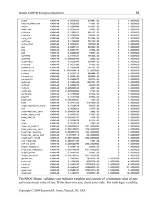 Chapter 5-OSPHD Emergency Department                                                         70

  black                  4364548          0.0870402     379891.00              0       1.0000000
  native_american        4364548          0.0025205      11001.00              0       1.0000000
  asian                  4364548          0.0264909     115621.00              0       1.0000000
  hawaiian               4364548          0.0033914      14802.00              0       1.0000000
  othrace                4364548          0.1592621     695107.00              0       1.0000000
  unkrace                4364548          0.0290603     126835.00              0       1.0000000
  race_blk               4364548          0.1627394     710284.00              0       1.0000000
  selfpay                4364548          0.1748628     763197.00              0       1.0000000
  othnonfed              4364548          0.0234281     102253.00              0       1.0000000
  ppo                    4364548          0.0607151     264994.00              0       1.0000000
  pos                    4364548          0.0037701      16455.00              0       1.0000000
  epo                    4364548          0.0029565      12904.00              0       1.0000000
  carehmo                4364548          0.0416137     181625.00              0       1.0000000
  automed                4364548        0.000609456       2660.00              0       1.0000000
  bluecross              4364548          0.0552094     240964.00              0       1.0000000
  tricare                4364548          0.0072383      31592.00              0       1.0000000
  commercial             4364548          0.0355480     155151.00              0       1.0000000
  disability             4364548       2.5203068E-6    11.0000000              0       1.0000000
  othhmo                 4364548          0.2032210     886968.00              0       1.0000000
  careparta              4364548          0.0664190     289889.00              0       1.0000000
  carepartb              4364548          0.0366072     159774.00              0       1.0000000
  medical                4364548          0.2439499    1064731.00              0       1.0000000
  othfed                 4364548          0.0088073      38440.00              0       1.0000000
  titleV                 4364548        0.000693543       3027.00              0       1.0000000
  veterans               4364548        0.000630993       2754.00              0       1.0000000
  workcomp               4364548          0.0185682      81042.00              0       1.0000000
  payoth                 4364548          0.0147926      64563.00              0       1.0000000
  payblank               4364548        0.000356051       1554.00              0       1.0000000
  home                   4364548          0.9411373    4107639.00              0       1.0000000
  inpatinpatient_care    4364548          0.0129619      56573.00              0       1.0000000
  snf                    4364548          0.0028351      12374.00              0       1.0000000
  intermediate_care      4364548        0.000655738       2862.00              0       1.0000000
  other_type_inst        4364548          0.0040181      17537.00              0       1.0000000
  home_health            4364548        0.000453197       1978.00              0       1.0000000
  lma                    4364548          0.0209676      91514.00              0       1.0000000
  died                   4364548          0.0018313       7993.00              0       1.0000000
  federal_health         4364548        0.000080421   351.0000000              0       1.0000000
  home_hospice_care      4364548        0.000109061   476.0000000              0       1.0000000
  hospital_hospice       4364548        0.000037575   164.0000000              0       1.0000000
  hospital_swing_bed     4364548         5.72797E-6    25.0000000              0       1.0000000
  inpatient_rehab        4364548        0.000158092   690.0000000              0       1.0000000
  ltc_hospital           4364548        0.000371402       1621.00              0       1.0000000
  snf_no_cert            4364548        0.000060946   266.0000000              0       1.0000000
  psych_hospital         4364548          0.0059113      25800.00              0       1.0000000
  critical_hospital      4364548        0.000145949   637.0000000              0       1.0000000
  dispo_other            4364548          0.0081087      35391.00              0       1.0000000
  dispo_invalid          4364548        0.000150531   657.0000000              0       1.0000000
  gendercat              4364548          1.7923091    7822619.00      1.0000000       4.0000000
  ethnicat               4364548          2.1534363    9398776.00      1.0000000       4.0000000
  racecat                4364548          5.4385742   23736918.00      1.0000000       8.0000000
  paycat                 4364548          9.8440441   42964803.00      1.0000000      21.0000000
  agegroup               4364548          5.0968187   22245310.00      1.0000000       7.0000000
  dispocat               4364548          1.4187671    6192277.00      1.0000000      19.0000000

The PROC Means validates your indicator variables and consists of a minimum value of zero
and a maximum value of one. If this does not exist, check your code. For truth logic variables,

Copyright © 2009 Raymond R. Arons, Teaneck, NJ, USA
 