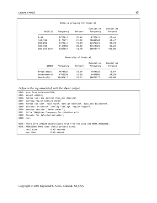 Lecture 3-NHDS                                                                       45


                                  Bedsize grouping for hospital

                                                          Cumulative    Cumulative
                      BEDSIZE    Frequency     Percent     Frequency      Percent
                 ƒƒƒƒƒƒƒƒƒƒƒƒƒƒƒƒƒƒƒƒƒƒƒƒƒƒƒƒƒƒƒƒƒƒƒƒƒƒƒƒƒƒƒƒƒƒƒƒƒƒƒƒƒƒƒƒƒƒƒƒƒƒƒƒƒ
                 6-99             8727912       22.45       8727912        22.45
                 100-199          8171471       21.02      16899383        43.47
                 200-299          7475041       19.23      24374424        62.70
                 300-499          9141896       23.52      33516320        86.22
                 500 and Over     5357457       13.78      38873777       100.00



                                      Ownership of hospital

                                                          Cumulative    Cumulative
                        OWNER    Frequency     Percent     Frequency      Percent
                 ƒƒƒƒƒƒƒƒƒƒƒƒƒƒƒƒƒƒƒƒƒƒƒƒƒƒƒƒƒƒƒƒƒƒƒƒƒƒƒƒƒƒƒƒƒƒƒƒƒƒƒƒƒƒƒƒƒƒƒƒƒƒƒƒƒ
                 Proprietary      4679522       12.04       4679522        12.04
                 Governmental     4762338       12.25       9441860        24.29
                 Non-Profit      29431917       75.71      38873777       100.00




Below is the log associated with the above output.
5344   proc freq data=nhds2006;
5345   weight weight;
5346   tables sex race marstat disc_mon discstat
5347   losflag region bedsize owner;
5348   format sex sexf. race racef. marstat marstatf. disc_mon $dismonthf.
5349   discstat discstatf. losflag losflagf. region regionf.
5350   bedsize bedsizef. owner ownerf.;
5351   title 'Weighted Frequency Distribution with
5352   Formats for Selected Variable';
5353   run;

NOTE: There were 376328 observations read from the data set WORK.NHDS2006.
NOTE: PROCEDURE FREQ used (Total process time):
      real time           0.40 seconds
      cpu time            0.40 second




Copyright © 2009 Raymond R. Arons, Teaneck, NJ, USA
 