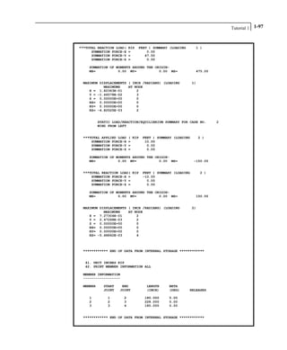 Tutorial 1 1-97
***TOTAL REACTION LOAD( KIP FEET ) SUMMARY (LOADING 1 )
SUMMATION FORCE-X = 0.00
SUMMATION FORCE-Y = 47.50
SUMMATION FORCE-Z = 0.00
SUMMATION OF MOMENTS AROUND THE ORIGIN-
MX= 0.00 MY= 0.00 MZ= 475.00
MAXIMUM DISPLACEMENTS ( INCH /RADIANS) (LOADING 1)
MAXIMUMS AT NODE
X = 1.82363E-01 2
Y = -1.46578E-02 3
Z = 0.00000E+00 0
RX= 0.00000E+00 0
RY= 0.00000E+00 0
RZ= -4.82525E-03 2
STATIC LOAD/REACTION/EQUILIBRIUM SUMMARY FOR CASE NO. 2
WIND FROM LEFT
***TOTAL APPLIED LOAD ( KIP FEET ) SUMMARY (LOADING 2 )
SUMMATION FORCE-X = 10.00
SUMMATION FORCE-Y = 0.00
SUMMATION FORCE-Z = 0.00
SUMMATION OF MOMENTS AROUND THE ORIGIN-
MX= 0.00 MY= 0.00 MZ= -150.00
***TOTAL REACTION LOAD( KIP FEET ) SUMMARY (LOADING 2 )
SUMMATION FORCE-X = -10.00
SUMMATION FORCE-Y = 0.00
SUMMATION FORCE-Z = 0.00
SUMMATION OF MOMENTS AROUND THE ORIGIN-
MX= 0.00 MY= 0.00 MZ= 150.00
MAXIMUM DISPLACEMENTS ( INCH /RADIANS) (LOADING 2)
MAXIMUMS AT NODE
X = 7.27304E-01 2
Y = 2.47268E-03 2
Z = 0.00000E+00 0
RX= 0.00000E+00 0
RY= 0.00000E+00 0
RZ= -5.48842E-03 4
************ END OF DATA FROM INTERNAL STORAGE ************
41. UNIT INCHES KIP
42. PRINT MEMBER INFORMATION ALL
MEMBER INFORMATION
------------------
MEMBER START END LENGTH BETA
JOINT JOINT (INCH) (DEG) RELEASES
1 1 2 180.000 0.00
2 2 3 228.000 0.00
3 3 4 180.000 0.00
************ END OF DATA FROM INTERNAL STORAGE ************
 