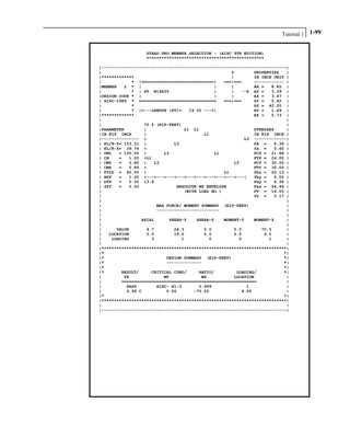 Tutorial 1 1-99
STAAD.PRO MEMBER SELECTION - (AISC 9TH EDITION)
***********************************************
|--------------------------------------------------------------------------|
| Y PROPERTIES |
|************* | IN INCH UNIT |
| * |=============================| ===|=== ------------ |
|MEMBER 2 * | | | AX = 8.85 |
| * | ST W14X30 | | --Z AY = 3.39 |
|DESIGN CODE * | | | AZ = 3.47 |
| AISC-1989 * =============================== ===|=== SY = 5.82 |
| * SZ = 42.05 |
| * |<---LENGTH (FT)= 19.00 --->| RY = 1.49 |
|************* RZ = 5.73 |
| |
| 70.5 (KIP-FEET) |
|PARAMETER | L1 L1 STRESSES |
|IN KIP INCH | L1 IN KIP INCH |
|--------------- + L3 -------------|
| KL/R-Y= 153.21 | L3 FA = 6.36 |
| KL/R-Z= 39.76 + fa = 0.45 |
| UNL = 120.00 | L3 L1 FCZ = 21.68 |
| CB = 1.00 +L1 FTZ = 24.00 |
| CMY = 0.85 | L3 L3 FCY = 30.00 |
| CMZ = 0.85 + FTY = 30.00 |
| FYLD = 40.00 | L1 fbz = 20.13 |
| NSF = 1.00 +---+---+---+---+---+---+---+---+---+---| fby = 0.00 |
| DFF = 0.00 13.8 Fey = 6.36 |
| dff = 0.00 ABSOLUTE MZ ENVELOPE Fez = 94.46 |
| (WITH LOAD NO.) FV = 16.00 |
| fv = 0.17 |
| |
| MAX FORCE/ MOMENT SUMMARY (KIP-FEET) |
| ------------------------- |
| |
| AXIAL SHEAR-Y SHEAR-Z MOMENT-Y MOMENT-Z |
| |
| VALUE 4.7 24.3 0.0 0.0 70.5 |
| LOCATION 0.0 19.0 0.0 0.0 9.5 |
| LOADING 3 1 0 0 1 |
| |
|**************************************************************************|
|* *|
|* DESIGN SUMMARY (KIP-FEET) *|
|* -------------- *|
|* *|
|* RESULT/ CRITICAL COND/ RATIO/ LOADING/ *|
| FX MY MZ LOCATION |
| ====================================================== |
| PASS AISC- H1-3 0.999 1 |
| 3.99 C 0.00 -70.55 9.50 |
|* *|
|**************************************************************************|
| |
|--------------------------------------------------------------------------|
 