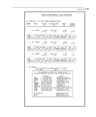 Tutorial 1 1-101
STAAD.PRO CODE CHECKING - (AISC 9TH EDITION)
********************************************
ALL UNITS ARE - KIP FEET (UNLESS OTHERWISE NOTED)
MEMBER TABLE RESULT/ CRITICAL COND/ RATIO/ LOADING/
FX MY MZ LOCATION
=======================================================================
1 ST W12X35 PASS AISC- H1-1 0.855 1
23.02 C 0.00 52.01 15.00
-----------------------------------------------------------------------
| MEM= 1, UNIT KIP-INCH, L= 180.0 AX= 10.30 SZ= 45.6 SY= 7.5 |
| KL/R-Y= 116.7 CB= 1.00 YLD= 40.00 ALLOWABLE STRESSES: FCZ= 18.19 |
| FTZ= 24.00 FCY= 30.00 FTY= 30.00 FC= 10.94 FT= 24.00 FV= 16.00 |
-----------------------------------------------------------------------
2 ST W14X30 PASS AISC- H1-3 0.969 3
5.16 C 0.00 66.64 19.00
-----------------------------------------------------------------------
| MEM= 2, UNIT KIP-INCH, L= 228.0 AX= 8.85 SZ= 42.1 SY= 5.8 |
| KL/R-Y= 153.2 CB= 1.00 YLD= 40.00 ALLOWABLE STRESSES: FCZ= 21.68 |
| FTZ= 24.00 FCY= 30.00 FTY= 30.00 FC= 6.36 FT= 24.00 FV= 16.00 |
-----------------------------------------------------------------------
3 ST W14X34 PASS AISC- H1-2 0.959 3
21.45 C 0.00 77.36 0.00
-----------------------------------------------------------------------
| MEM= 3, UNIT KIP-INCH, L= 180.0 AX= 10.00 SZ= 48.6 SY= 6.9 |
| KL/R-Y= 117.9 CB= 1.00 YLD= 40.00 ALLOWABLE STRESSES: FCZ= 21.95 |
| FTZ= 24.00 FCY= 30.00 FTY= 30.00 FC= 10.72 FT= 24.00 FV= 16.00 |
-----------------------------------------------------------------------
59. FINISH
*********** END OF THE STAAD.Pro RUN ***********
**** DATE= TIME= ***
************************************************************
* For questions on STAAD.Pro, please contact *
* Research Engineers Offices at the following locations *
* *
* Telephone Email *
* USA: +1 (714)974-2500 support@reiusa.com *
* CANADA +1 (905)632-4771 detech@odandetech.com *
* CANADA +1 (604)629 6087 staad@dowco.com *
* UK +44(1454)207-000 support@reel.co.uk *
* FRANCE +33(0)1 64551084 support@reel.co.uk *
* GERMANY +49/931/40468-71 info@reig.de *
* NORWAY +47 67 57 21 30 staad@edr.no *
* SINGAPORE +65 6225-6015/16 support@reiasia.net *
* INDIA +91(033)2357-3575 support@calcutta.reiusa.com *
* JAPAN +81(03)5952-6500 eng-eye@crc.co.jp *
* CHINA +86(411)363-1983 support@reiasia.net *
* *
* North America support@reiusa.com *
* Europe support@reel.co.uk *
* Asia support@reiasia.net *
************************************************************
 