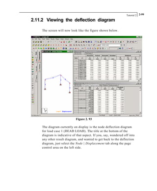 Tutorial 2 2-99
2.11.2 Viewing the deflection diagram
The screen will now look like the figure shown below.
Figure 2. 93
The diagram currently on display is the node deflection diagram
for load case 1 (DEAD LOAD). The title at the bottom of the
diagram is indicative of that aspect. If you, say, wandered off into
any other result diagram, and wanted to get back to the deflection
diagram, just select the Node | Displacement tab along the page
control area on the left side.
 