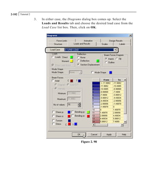 Tutorial 22-102
3. In either case, the Diagrams dialog box comes up. Select the
Loads and Results tab and choose the desired load case from the
Load Case list box. Then, click on OK.
Figure 2. 98
 