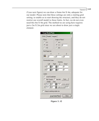 Tutorial 3 3-19
Z (see next figure) we can draw a frame 6m X 4m, adequate for
our model. Please note that these settings are only a starting grid
setting, to enable us to start drawing the structure, and they do not
restrict our overall model to those limits. In fact, we do not even
need this 6m X 4m grid. The method we are using here requires
just a 2m X 2m grid since we are about to draw just a single
element.
Figure 3. 12
 