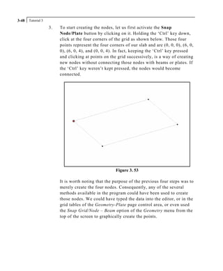 Tutorial 33-48
3. To start creating the nodes, let us first activate the Snap
Node/Plate button by clicking on it. Holding the ‘Ctrl’ key down,
click at the four corners of the grid as shown below. Those four
points represent the four corners of our slab and are (0, 0, 0), (6, 0,
0), (6, 0, 4), and (0, 0, 4). In fact, keeping the ‘Ctrl’ key pressed
and clicking at points on the grid successively, is a way of creating
new nodes without connecting those nodes with beams or plates. If
the ‘Ctrl’ key weren’t kept pressed, the nodes would become
connected.
Figure 3. 53
It is worth noting that the purpose of the previous four steps was to
merely create the four nodes. Consequently, any of the several
methods available in the program could have been used to create
those nodes. We could have typed the data into the editor, or in the
grid tables of the Geometry-Plate page control area, or even used
the Snap Grid/Node – Beam option of the Geometry menu from the
top of the screen to graphically create the points.
 