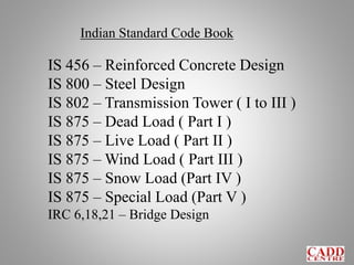Indian Standard Code Book
IS 456 – Reinforced Concrete Design
IS 800 – Steel Design
IS 802 – Transmission Tower ( I to III )
IS 875 – Dead Load ( Part I )
IS 875 – Live Load ( Part II )
IS 875 – Wind Load ( Part III )
IS 875 – Snow Load (Part IV )
IS 875 – Special Load (Part V )
IRC 6,18,21 – Bridge Design
 