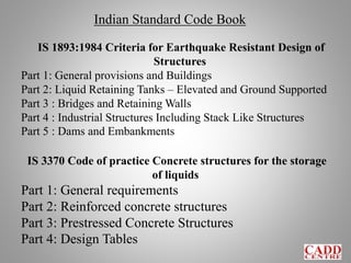 IS 1893:1984 Criteria for Earthquake Resistant Design of
Structures
Part 1: General provisions and Buildings
Part 2: Liquid Retaining Tanks – Elevated and Ground Supported
Part 3 : Bridges and Retaining Walls
Part 4 : Industrial Structures Including Stack Like Structures
Part 5 : Dams and Embankments
Indian Standard Code Book
IS 3370 Code of practice Concrete structures for the storage
of liquids
Part 1: General requirements
Part 2: Reinforced concrete structures
Part 3: Prestressed Concrete Structures
Part 4: Design Tables
 