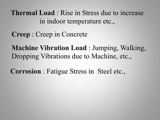 Thermal Load : Rise in Stress due to increase
in indoor temperature etc.,
Creep : Creep in Concrete
Machine Vibration Load : Jumping, Walking,
Dropping Vibrations due to Machine, etc.,
Corrosion : Fatigue Stress in Steel etc.,
 