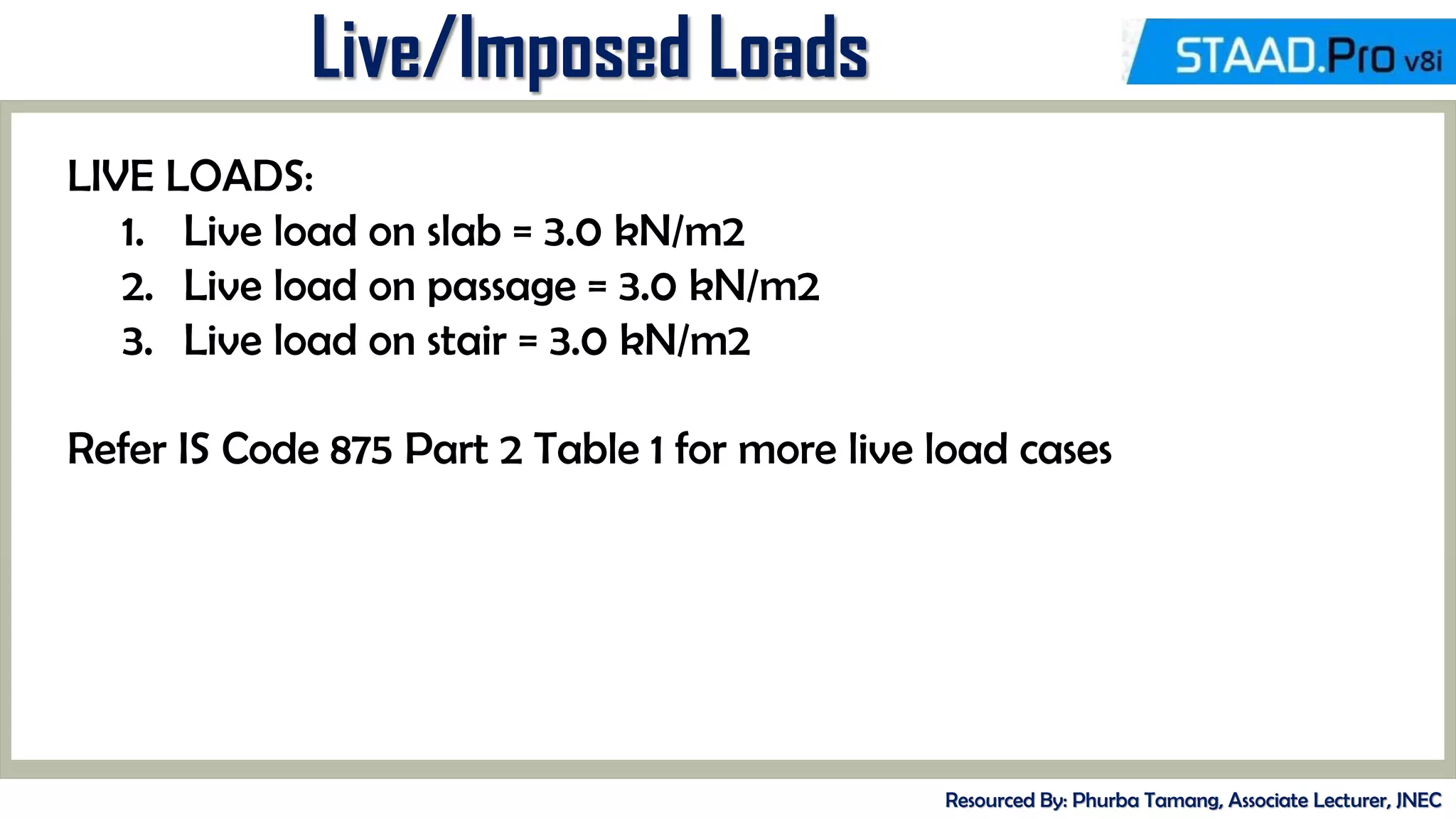 Live/Imposed Loads
Resourced By: Phurba Tamang, Associate Lecturer, JNEC
LIVE LOADS:
1. Live load on slab = 3.0 kN/m2
2. Live load on passage = 3.0 kN/m2
3. Live load on stair = 3.0 kN/m2
Refer IS Code 875 Part 2 Table 1 for more live load cases
 