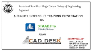 Rastrakavi Ramdhari Singh Dinkar College of Engineering,
Begusarai
A SUMMER INTERNSHIP TRAINING PRESENTATION
ON
FROM
VISHAL KUMAR
REG NO :-20101125024
ROLL NO :- 20-CE-50
SESSION :- 2020-24
SUBMITTED BY:-
 