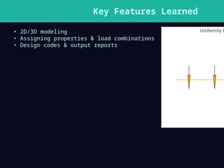 Key Features Learned
• 2D/3D modeling
• Assigning properties & load combinations
• Design codes & output reports
 