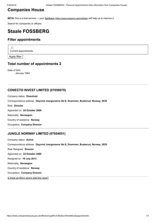 3/30/2018 Staale FOSSBERG - Personal Appointments (free information from Companies House)
https://beta.companieshouse.gov.uk/officers/rLjjsH5-A-6KyIIzo7fx0cKtKuQ/appointments 1/1
Companies House
BETA This is a trial service — your feedback (https://www.research.net/r/chbeta) will help us to improve it.
Search for companies or officers
Staale FOSSBERG
Filter appointments
Current appointments
Apply filter
Total number of appointments 2
Date of birth
January 1964
CONECTO INVEST LIMITED (07056070)
Company status Dissolved
Correspondence address Oeyvind Joergensens Vei 6, Drammen, Buskerud, Norway, 3035
Role Director
Appointed on 24 October 2009
Nationality Norwegian
Country of residence Norway
Occupation Company Director
JUNGLE NORWAY LIMITED (07054051)
Company status Active
Correspondence address Oeyvind Joergensens Vei 6, Drammen, Buskerud, Norway, 3035
Role Resigned Director
Appointed on 22 October 2009
Resigned on 19 July 2013
Nationality Norwegian
Country of residence Norway
Occupation Company Director
Is there anything wrong with this page?
 