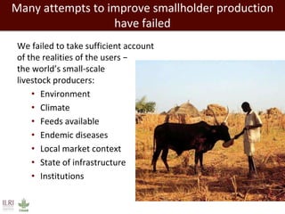 Many attempts to improve smallholder production
have failed
We failed to take sufficient account
of the realities of the users −
the world’s small-scale
livestock producers:
• Environment
• Climate
• Feeds available
• Endemic diseases
• Local market context
• State of infrastructure
• Institutions
 