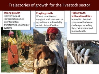 Trajectories of growth for the livestock sector
Strong growth
Intensifying and
increasingly market
oriented often
transforming smallholder
systems
Fragile growth
Where remoteness,
marginal land resources or
agro climatic vulnerability
restrict intensification
High growth
with externalities
Intensified livestock
systems with diverse
challenges including
the environment and
human health
 
