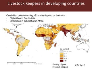 Livestock keepers in developing countries
Density of poor
livestock keepers
One billion people earning <$2 a day depend on livestock:
• 600 million in South Asia
• 300 million in sub-Saharan Africa
0 or no data
Density of poor
livestock keepers
ILRI, 2012
 