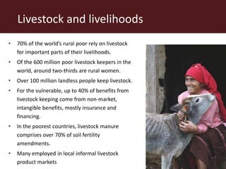 Livestock and livelihoods
• 70% of the world’s rural poor rely on livestock
for important parts of their livelihoods.
• Of the 600 million poor livestock keepers in the
world, around two-thirds are rural women.
• Over 100 million landless people keep livestock.
• For the vulnerable, up to 40% of benefits from
livestock keeping come from non-market,
intangible benefits, mostly insurance and
financing.
• In the poorest countries, livestock manure
comprises over 70% of soil fertility
amendments.
• Many employed in local informal livestock
product markets
 