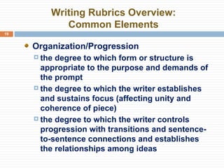 Writing Rubrics Overview:  Common Elements  Organization/Progression the degree to which form or structure is appropriate to the purpose and demands of the prompt the degree to which the writer establishes and sustains focus (affecting unity and coherence of piece) the degree to which the writer controls progression with transitions and sentence-to-sentence connections and establishes the relationships among ideas 