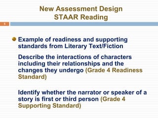 New Assessment Design STAAR Reading Example of readiness and supporting standards from Literary Text/Fiction Describe the interactions of characters including their relationships and the changes they undergo  (Grade 4 Readiness Standard) Identify whether the narrator or speaker of a story is first or third person  (Grade 4 Supporting Standard) 