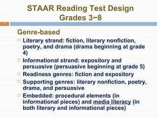 STAAR Reading Test Design Grades 3−8 Genre-based Literary strand: fiction, literary nonfiction, poetry, and drama (drama beginning at grade 4) Informational strand: expository and persuasive (persuasive beginning at grade 5) Readiness genres: fiction and expository Supporting genres: literary nonfiction, poetry, drama, and persuasive Embedded: procedural elements (in informational pieces) and  media literacy  (in both literary and informational pieces) 