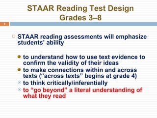 STAAR Reading Test Design Grades 3–8 STAAR reading assessments will emphasize students’ ability to understand how to use text evidence to confirm the validity of their ideas to make connections within and across texts (“across texts” begins at grade 4) to think critically/inferentially to “go beyond” a literal understanding of what they read 