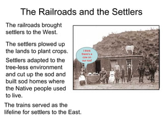 The Railroads and the Settlers
The railroads brought
settlers to the West.
The settlers plowed up
the lands to plant crops.
Settlers adapted to the
tree-less environment
and cut up the sod and
built sod homes where
the Native people used
to live.
The trains served as the
lifeline for settlers to the East.
I think
there’s a
cow on
our roof
 