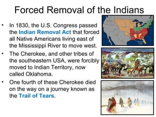Forced Removal of the Indians
• In 1830, the U.S. Congress passed
the Indian Removal Act that forced
all Native Americans living east of
the Mississippi River to move west.
• The Cherokee, and other tribes of
the southeastern USA, were forcibly
moved to Indian Territory, now
called Oklahoma.
• One fourth of these Cherokee died
on the way on a journey known as
the Trail of Tears.
 