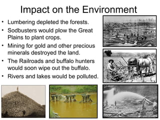 • Lumbering depleted the forests.
• Sodbusters would plow the Great
Plains to plant crops.
• Mining for gold and other precious
minerals destroyed the land.
• The Railroads and buffalo hunters
would soon wipe out the buffalo.
• Rivers and lakes would be polluted.
Impact on the Environment
 