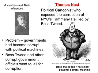 Muckrakers and Their
Influences
• Problem – governments
had become corrupt
with political machines.
• Boss Tweed and other
corrupt government
officials went to jail for
corruption.
Boss Tweed ran NYC’s most
powerful political machine
Thomas Nast
Political Cartoonist who
exposed the corruption of
NYC’s Tammany Hall led by
Boss Tweed.
 
