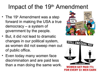 Impact of the 19th
Amendment
• The 19th
Amendment was a step
forward in making the USA a true
democracy – a system of
government by the people.
• But, it did not lead to dramatic
changes in our political system,
as women did not sweep men out
of public office.
• Even today many women face
discrimination and are paid less
than a man doing the same work.
 