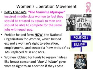 • Betty Friedan’s “The Feminine Mystique”
inspired middle class women to feel they
should be treated as equals to men and
should be able to compete for the same
jobs with equal pay.
• Freidan helped form NOW, the National
Organization for Women, which helped
expand a woman’s right to education,
employment, and created a ‘new attitude’ as
Ms. replaced Miss and Mrs..
• Women lobbied for funds to research ideas
like breast cancer and “Roe V. WadeRoe V. Wade” gave
women right to an abortion if they chose.
Women‘s Liberation Movement
 